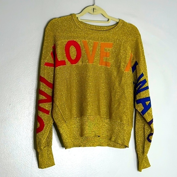RACHEL ROY Gold Stretch Metallic Ribbed Graphic Long Sleeve Crew Neck Sweater Md - Picture 2 of 9